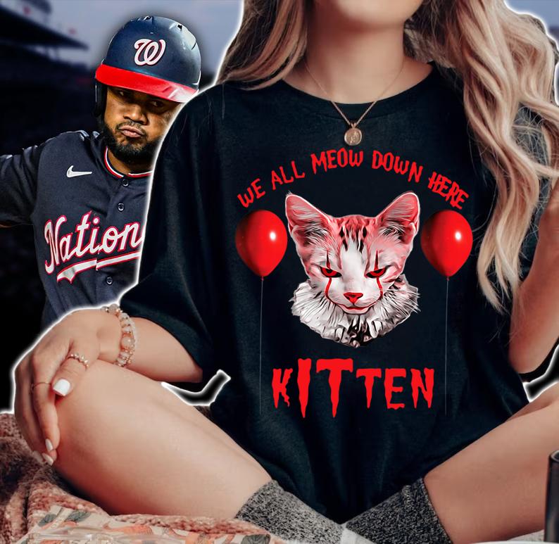 Clown Cat We All MEOW Down Here Kitten Halloween Scary Cat t-shirt woman shirt