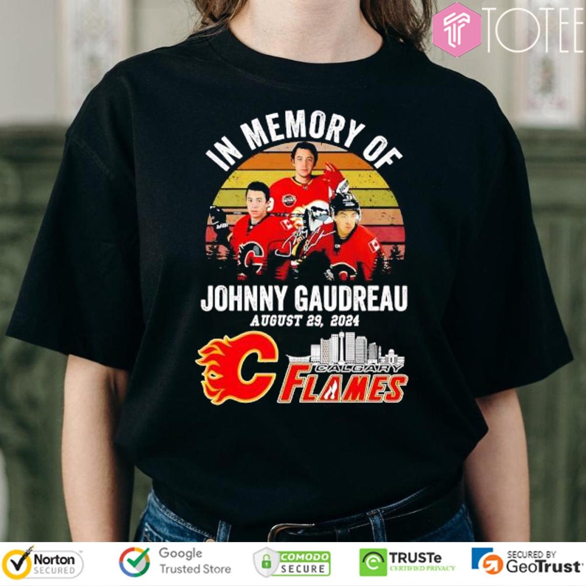 In Memory Of Johnny Gaudreau Calgary Flames Signature Vintage Sunset T-shirt