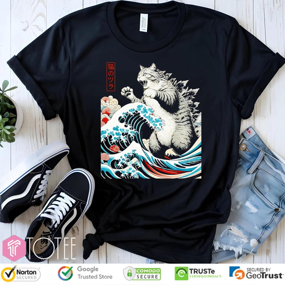 Catzilla Waves Ukiyo-E Parody Godzilla Cat T-shirt